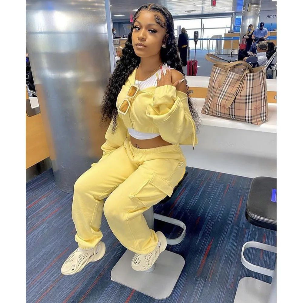

2021 Women Long Sleeve sexy off shoulder Zip Up Hoodies & Slim Cargo Pants Set Casual Tracksuit Two Piece set