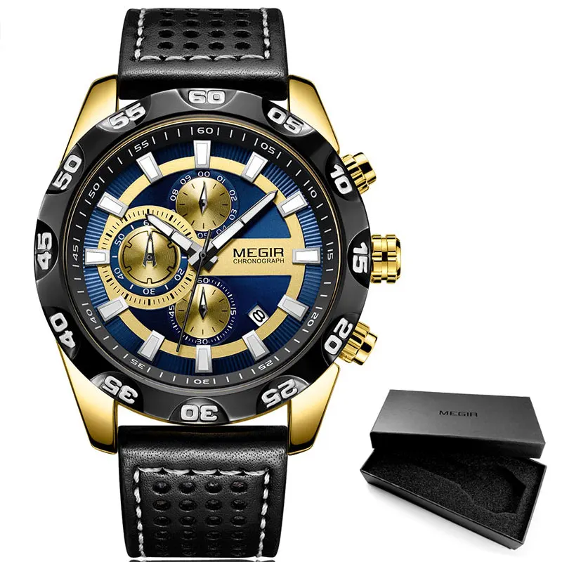 ML2096G-Gold-Blue Megir кожаный ремешок Спортивные кварцевые наручные мужские часы с хронографом военные лучшие брендовые Роскошные наручные часы для мужчин Relogios 2096 г Золотой синий - Цвет: ML2096G-Gold-Blue