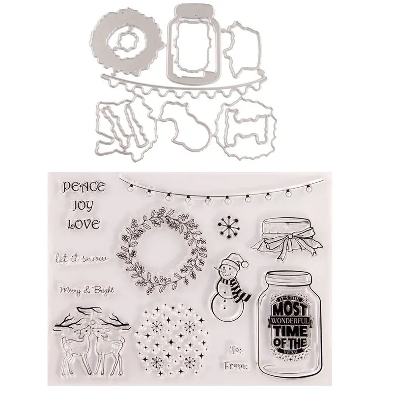 

Wishes Bottle Stamp and Die Sets Deer Flower Snowman Silver Metal Dies Rubber Stamps for Card Making 2020 DIY Scrapbooking