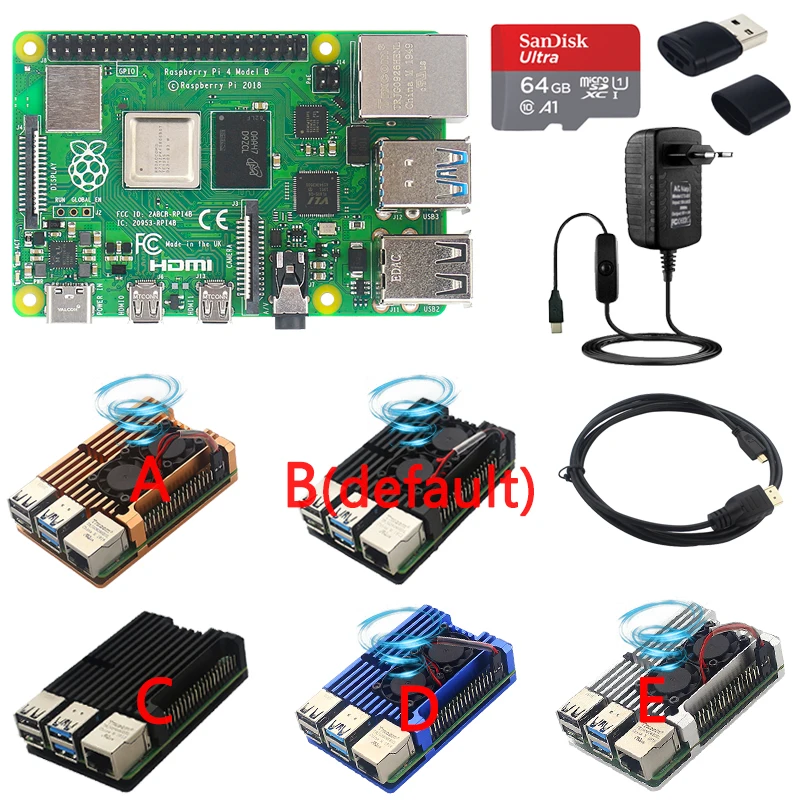 Bestellen Original Raspberry Pi 4 Modell B Kit + Aluminium Fall + Dual Fan + Kühlkörper + Netzteil + Optional 64 /32GB SD Karte Für RPi 4