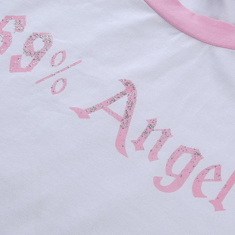 Арцу в стиле пэчворк с принтом букв короткий рукав Kawaii футболка Femme Симпатичный розовый топ, футболка Для женщин Сексуальная Забавный футболка s ASTS20766