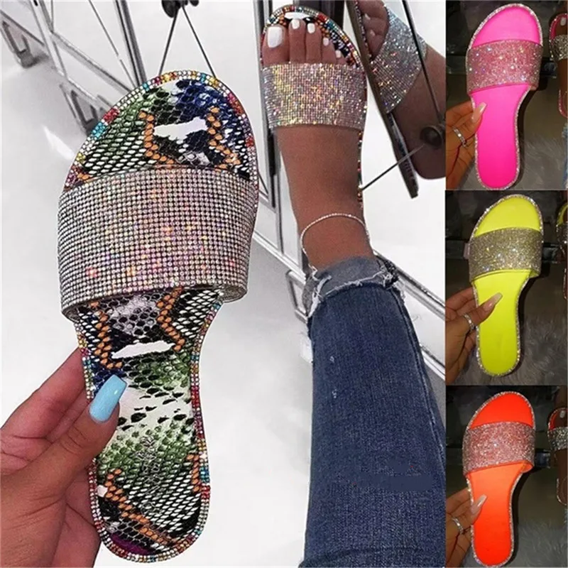 2021 Summer Women Crystal Slippers Glitter Flat Soft Bling Female Candy Color Flip Flops Indoor Ladies Slides Hot Beach Shoes