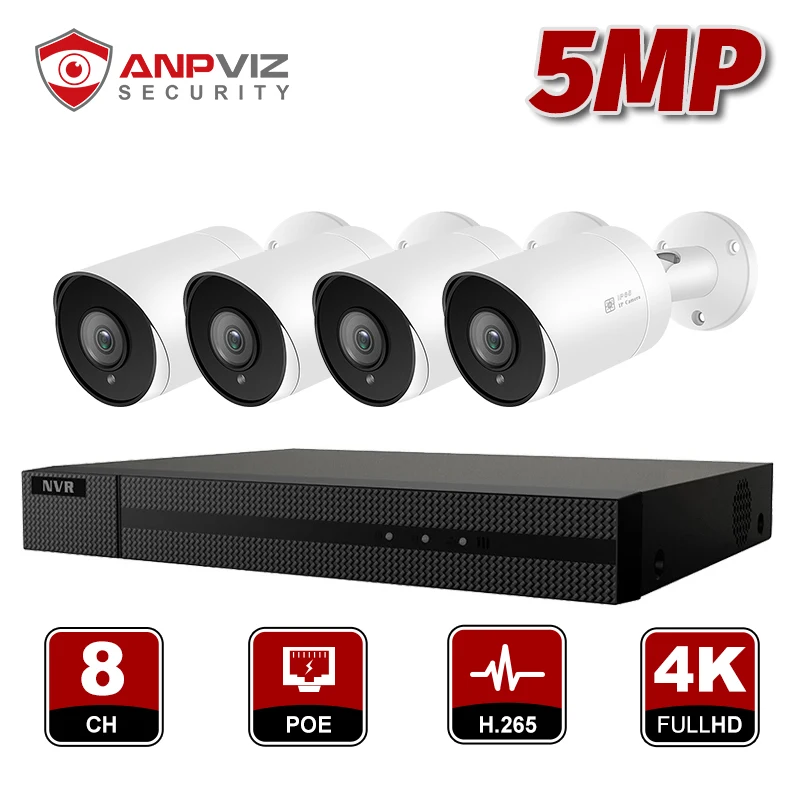 Камера Наружного видеонаблюдения Anpviz NVR 8 каналов 5 Мп POE IP Bullet комплект системы с