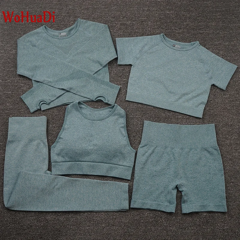 

WOHUADI 2021 Summer Women Seamless Yoga Sets Fitness Sports Suits GYM Clothing tracksuit High Waist Leggings Workout sweatshirt