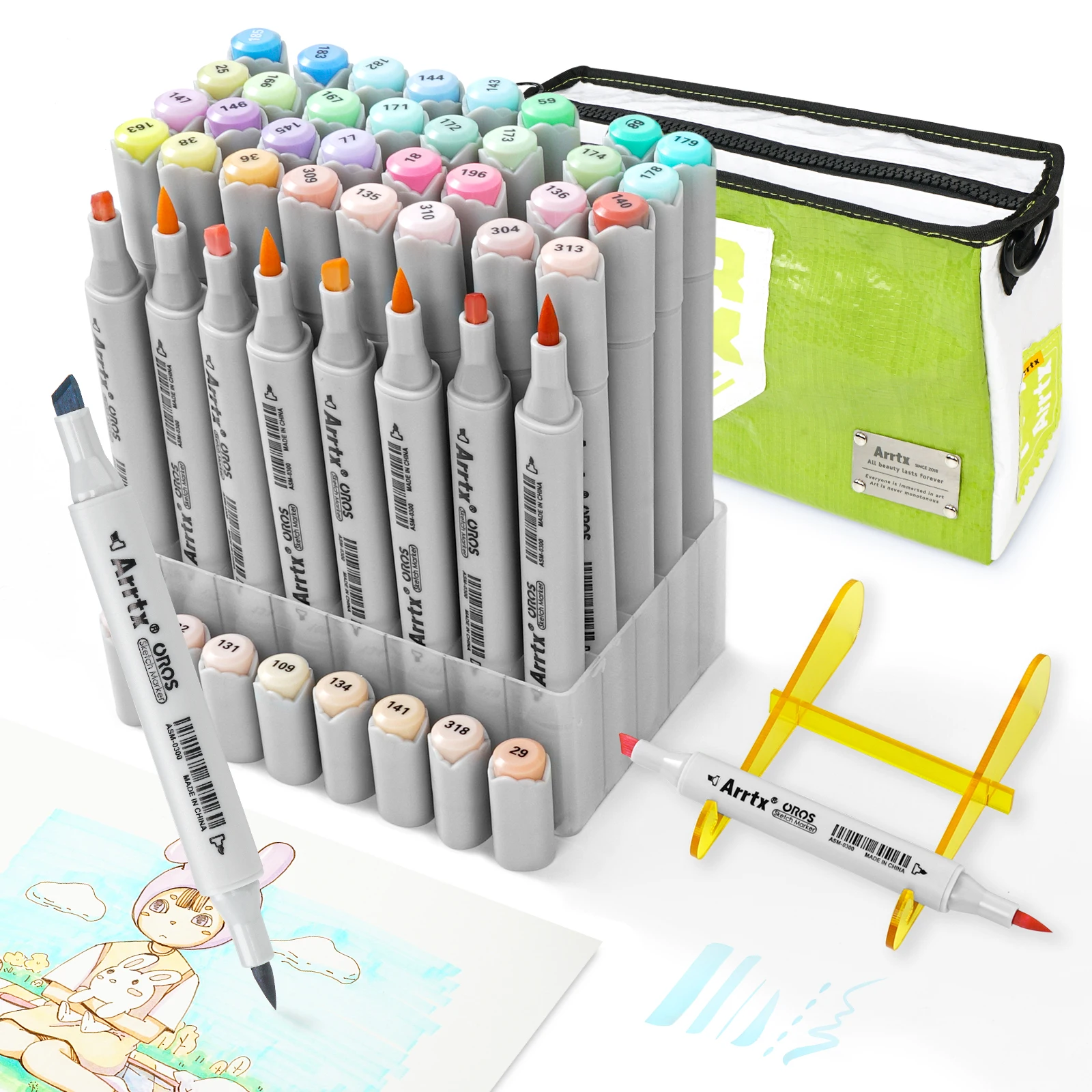 Arrtx OROS 40 Pastel Colors Brush Markers Set Alcohol-based Stable and Durable Ink Permanent for Anime Illustration Design