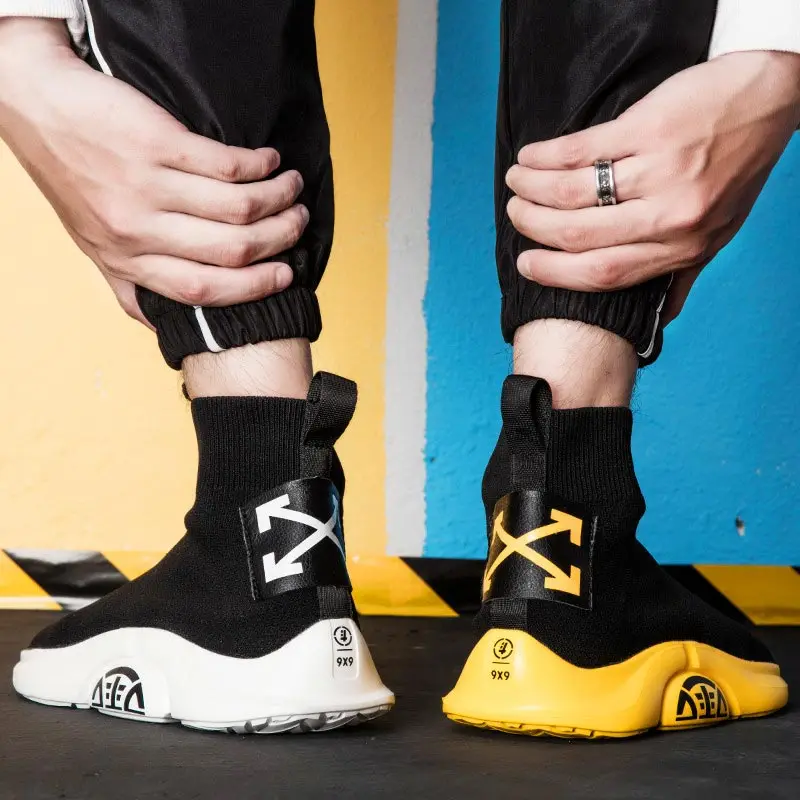 Летние мужские высокие кроссовки размера плюс для бега мужская спортивная обувь мужчин черные вязаные GMB