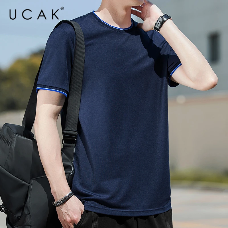 

UCAK Brand Classic O-Neck Solid Color Short Sleeve T-Shirts Summer Fashion Style Streetwear Tops Casual Silk T Shirt Homme U5499