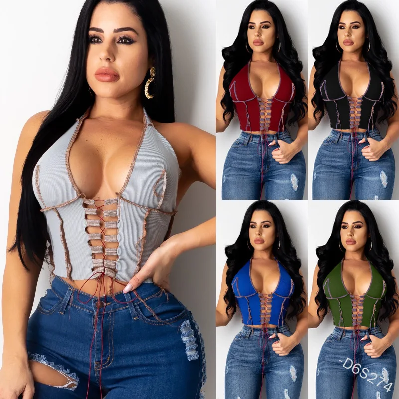 

Lugentolo Halter Sexy Tank Tops Women Summer Fashion Lace-up Slim Short Bustier Top