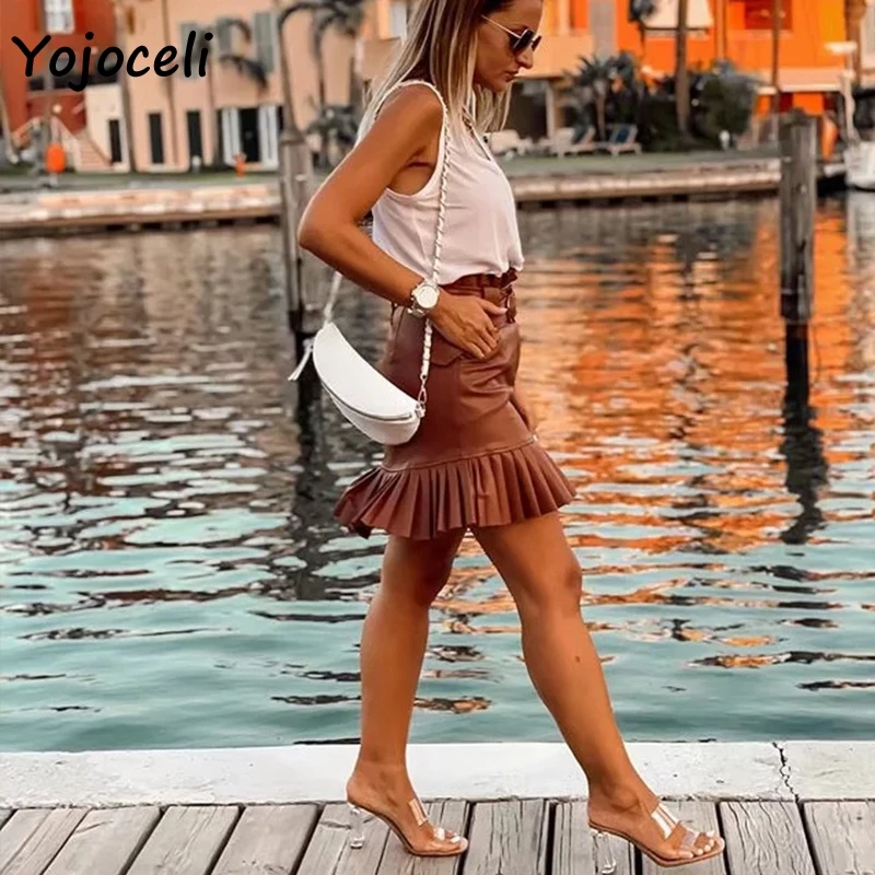 Yojoceli/ г. Осенне-зимняя мини-юбка из искусственной кожи женская плиссированная юбка трапециевидной формы пояс-кушак уличная юбка