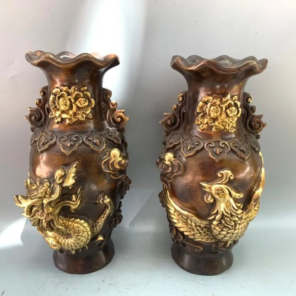 

Chinese antique pure copper gilt peony dragon and phoenix vase decoration Carved dragon and phoenix statue