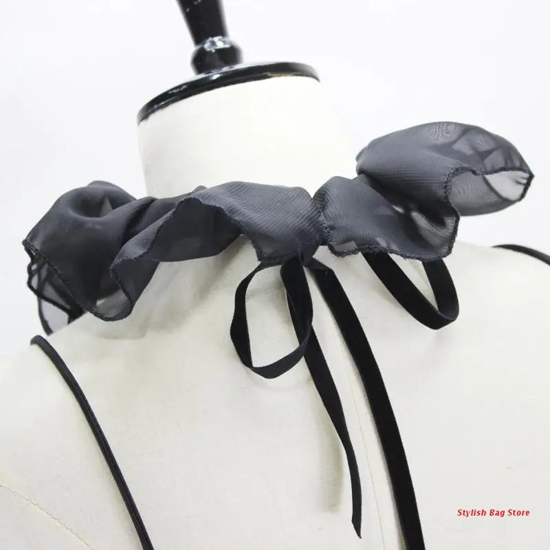 

Women Lolita Mesh Ruffled Fake Collar Victorian Cosplay Ribbon Black Chocker