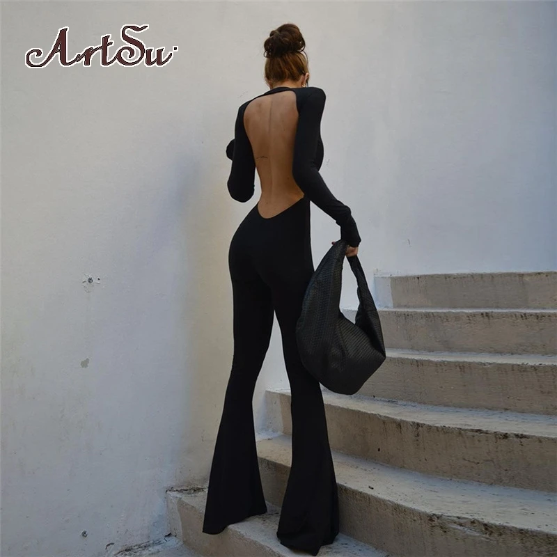 

Artsu Elegant Black Sexy Backless Jumpsuits for Women Casual Flare Pants Rompers Club Party One Piece Outfits Overall Clothes