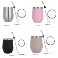 double wall stainless yerba gourd mate tea set water mate tea cup with lid head filter spoon straw bombilla brush
