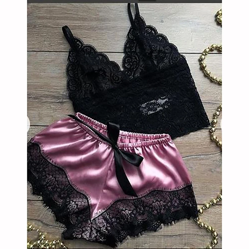 

Sexy Women Silk Satin Lace Sleepwear Lingerie 2pcs Bra Camisole+Shorts Pajama Sets Ladies Sleepshirts Homewear Dropshipping