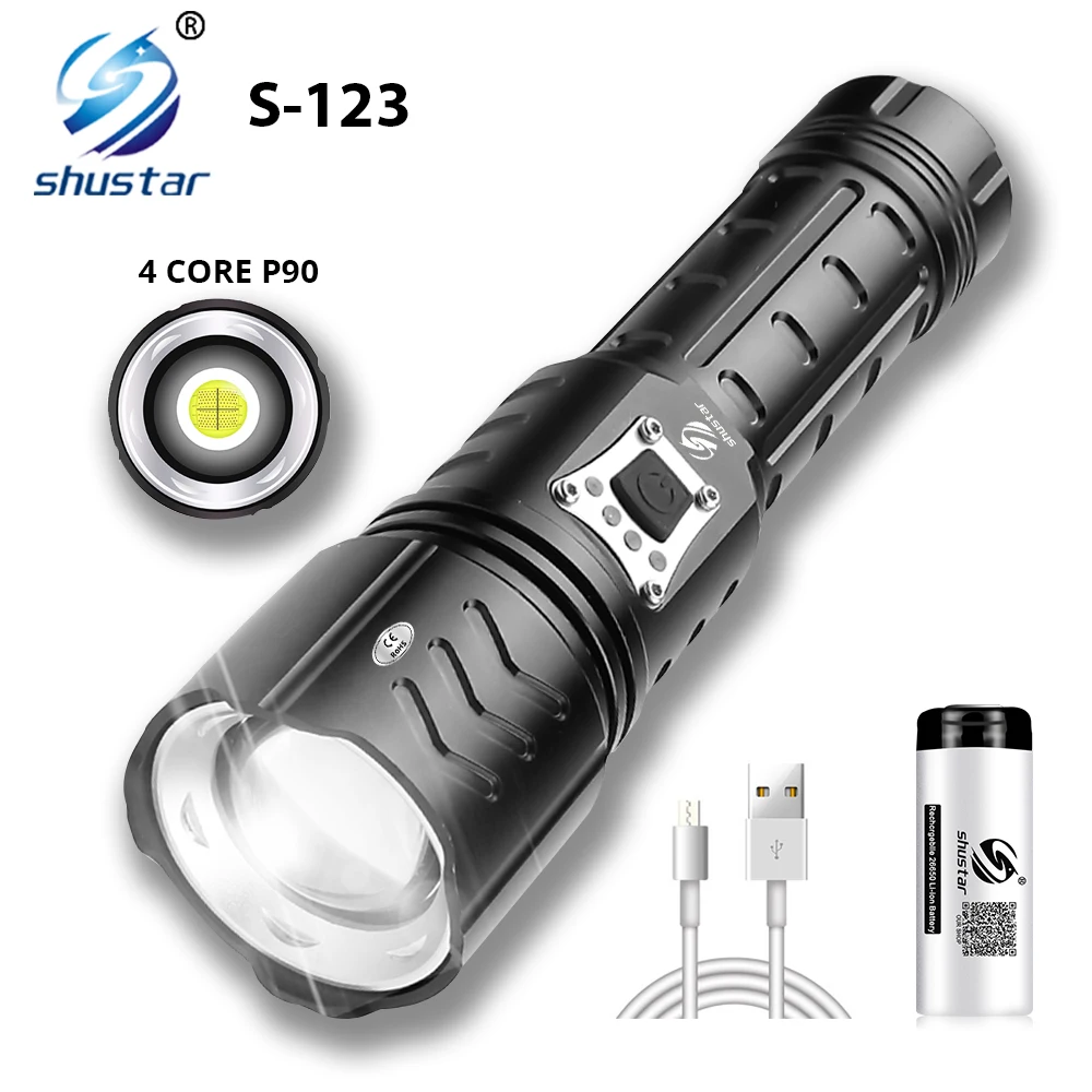 Super Bright 4 Core P90 LED Flashlight With Battery Display Portable outdoor waterproof light Suitable for camping adventure | Лампы и