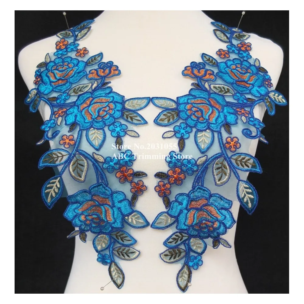 1 пара = 2 шт. x синий/оранжевый органза Цветочная вышивка Кружевная аппликация