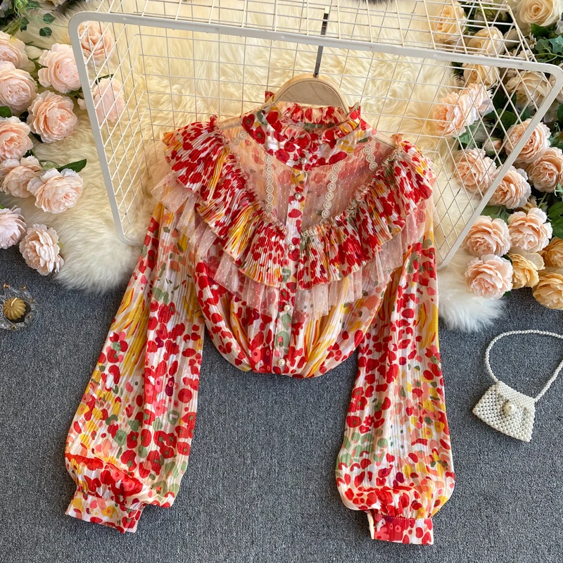 

2021 Chiffon Floral Print Blouse Women Spring O Neck Puff Sleeve Ruffle Tops Boho Mesh Patchwork Streetwear Blouses