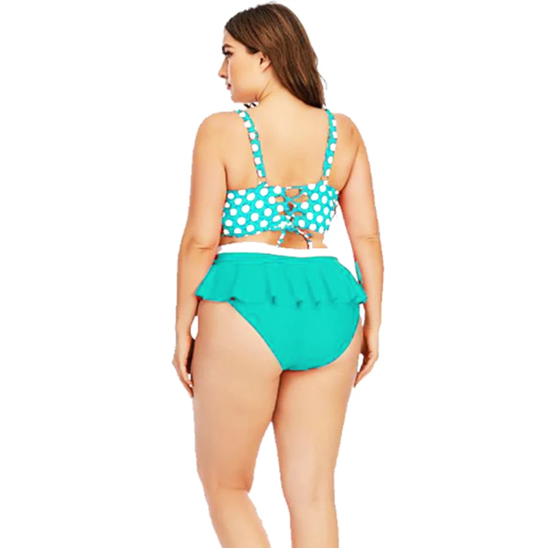 

Luren Plus Size Swimwear Swimsuit Oversize Ladies Polka Dot Ruffled High Waist+shorts Two-piece Camisole Tankini Bikini 2021