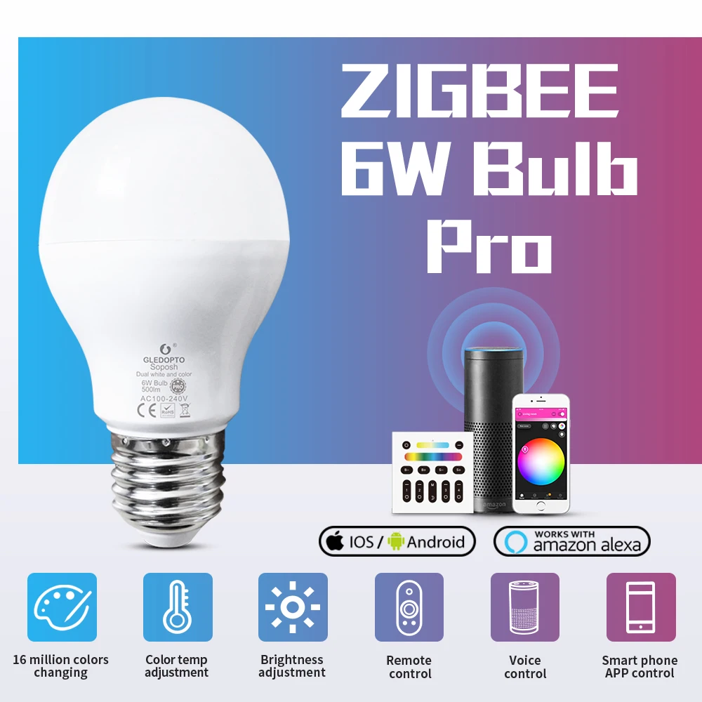 

GLEDOPTO Smart ZigBee 3.0 6W LED Bulb Pro RGBCCT E27/E26 Light Bulb Work with Alexa Echo Plus SmartThings APP/Voice/RF Remote