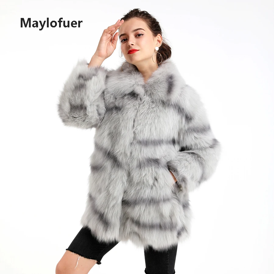 Maylofuer/Новинка года; куртка из натурального Лисьего меха с воротником в полоску с леопардовым принтом; Модные женские пальто с белым лисьим мехом; теплые