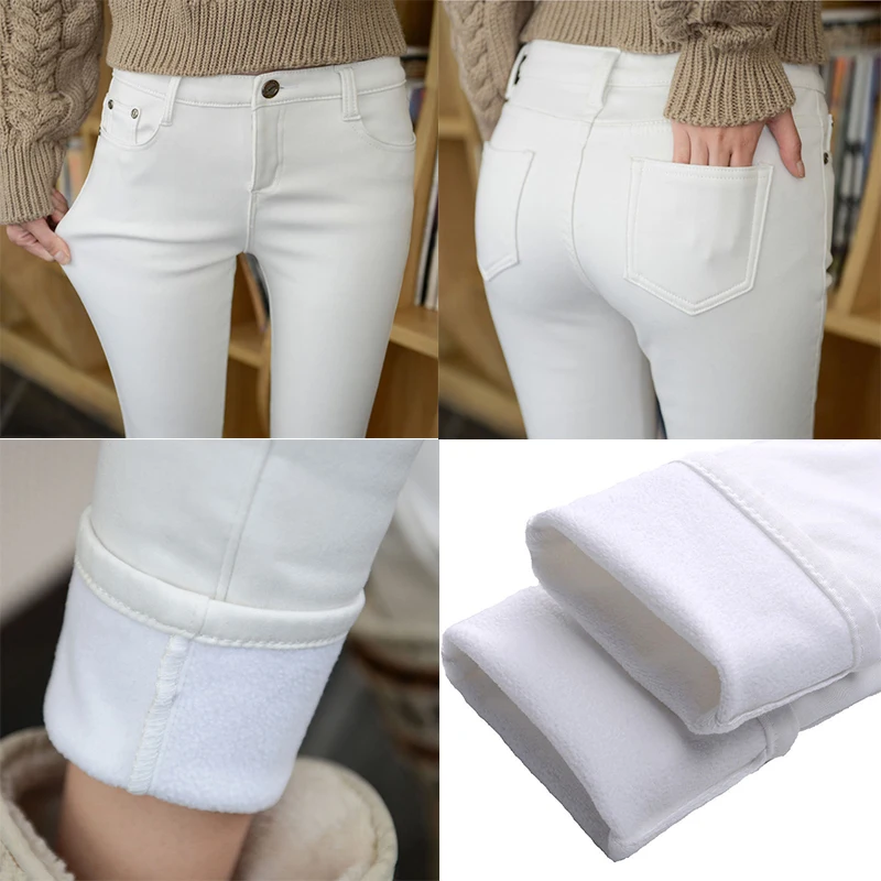 С высокой талией теплые зимние джинсы для мамы и дочки размера плюс белые
