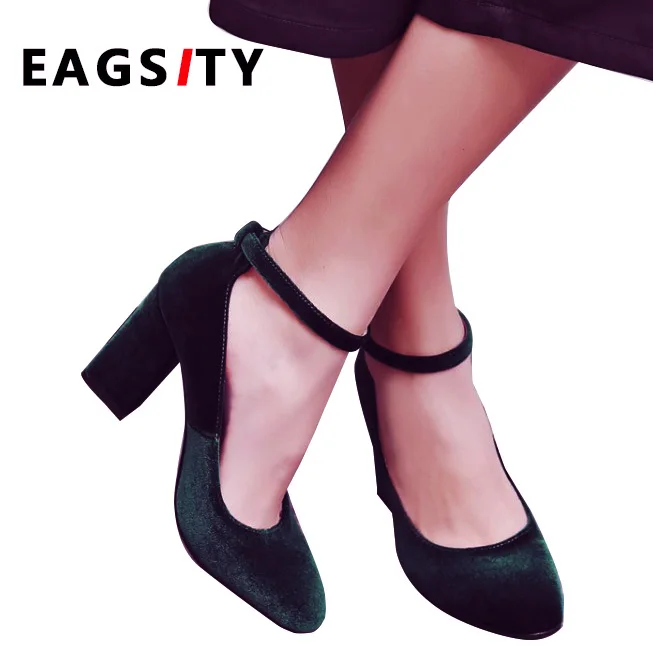 EAGSITY/бархатные туфли-лодочки женская обувь на высоком каблуке с ремешком