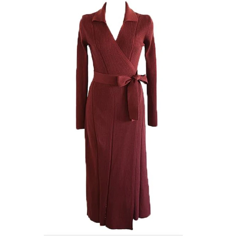 

In the New Autumn of 2020, Women's V-Neck Long Sweater, Knitted Skirt, Waistband and Waist Show Thin, Sexy Fashion Dress Trend