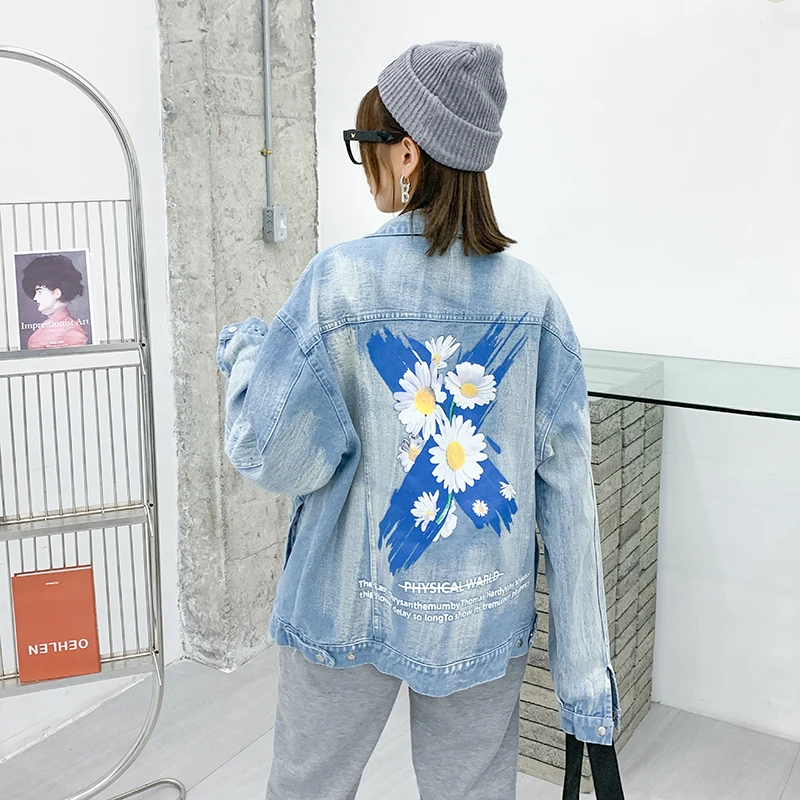 

Women's Spring Jackets Streetwear Hip Hop Denim Jackets Print Daisy Denim Coats Women Casual Loose Outwear Jean Jackets Women