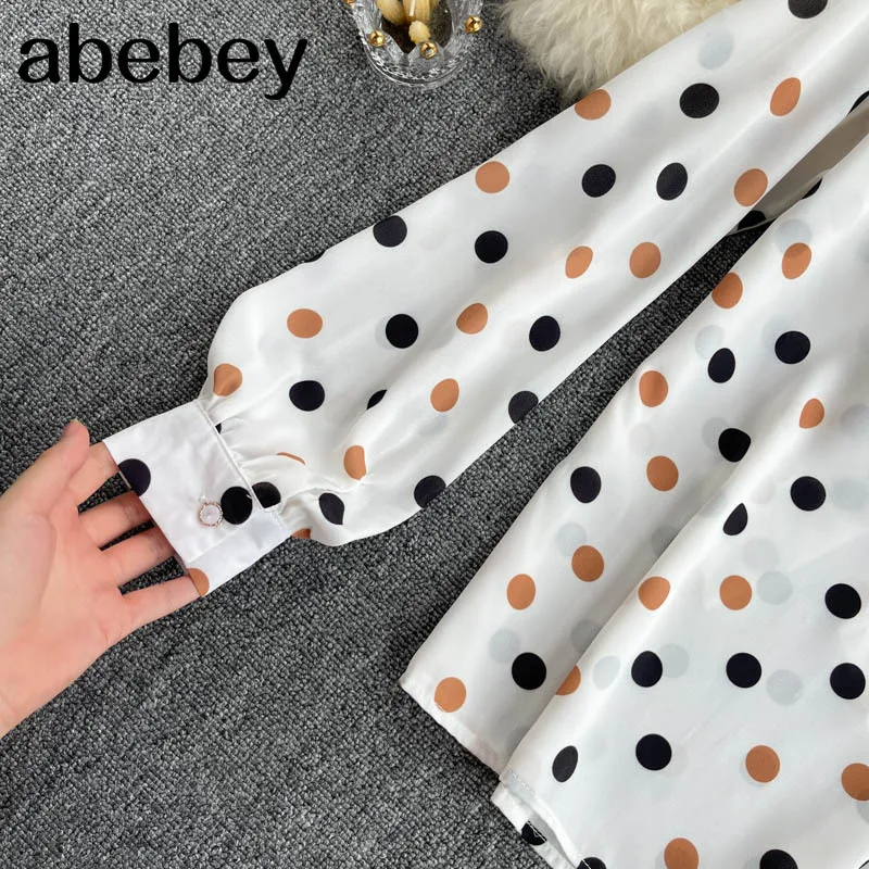 

2021 Chiffon Dot Retro Print Blouse Women Bow Collar Puff Sleeve Button Tops Spring Korean Casual Blouses