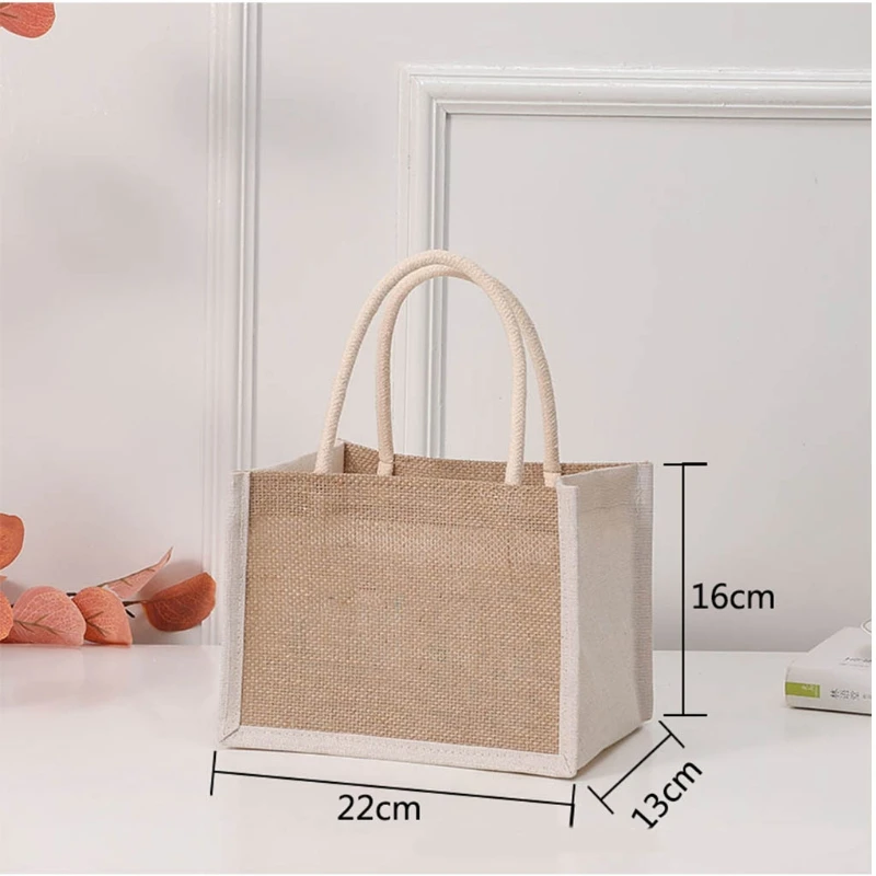 

T8NB Jute Tote Bags Burlap Handbag Reusable Beach Shopping Grocery Bag with Handle Large Capacity for Women Girls