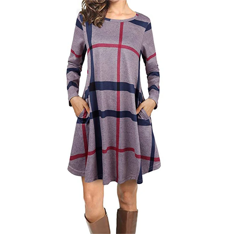 

Women Ladies One-Piece Dress Crew Neck Long Sleeve Colorful Printing Big Hem Warm for Autumn Fall Winter woman dress