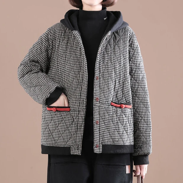 Winter new style cotton and linen jacket Korean large size was thin printing thick hooded plaid cotton-padded jacket women