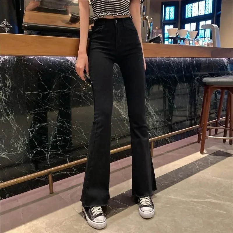 Womens High Waist Jeans 2021 Flare Denim Pants for Ladies Fashion Stretch Pocket Trousers Black Blue Slim Skinny Jean Femme