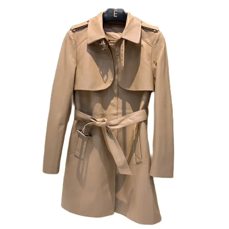 Abrigo de piel de oveja para mujer, rompevientos con hebilla, abrigo largo de tela suave, chaqueta de cuero largo medio para motocicleta, 2021