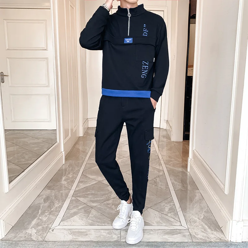 

Autumn men long-sleeve half zippers hoodies sweatpants 2piece sweatsuit hip hop tracksuit sport pants men sportswear jogger set