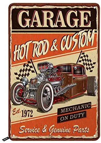 

Swono Garage Poster Tin Signs,Hot Rod Car Custom Mechanic on Duty Vintage Metal Tin Sign for Men Women,Wall Decor for Bars,