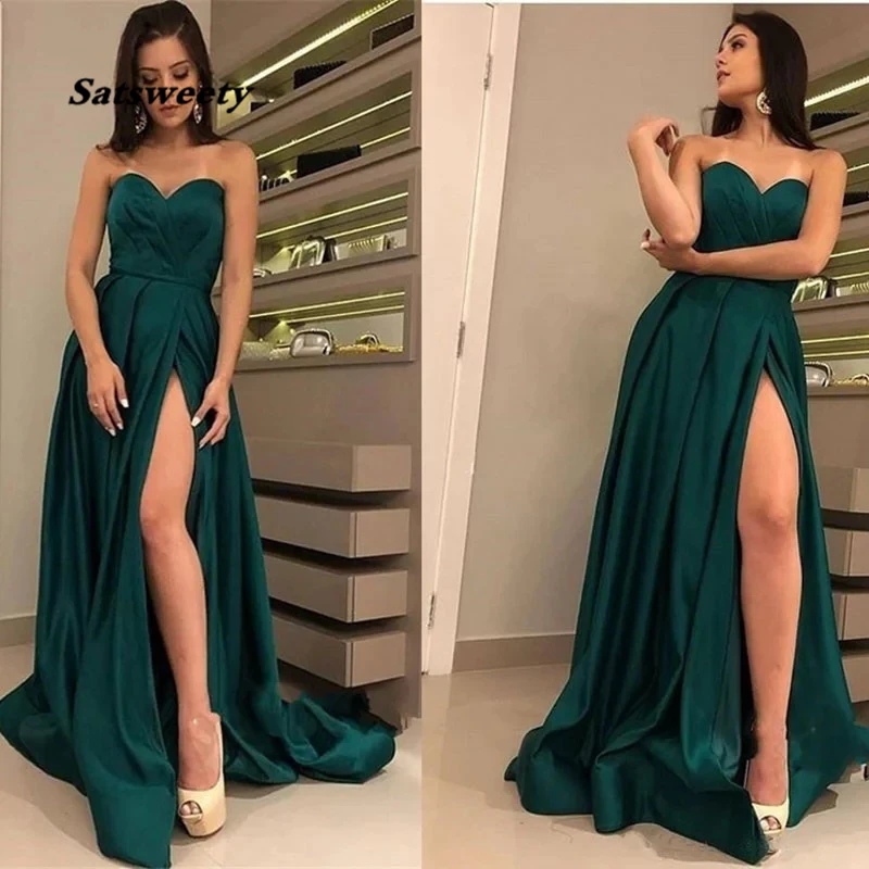 

Sexy slit strapless pleat prom party evening dresses vestido de noiva sereia gown robe de soiree prom party simple satin lace-up