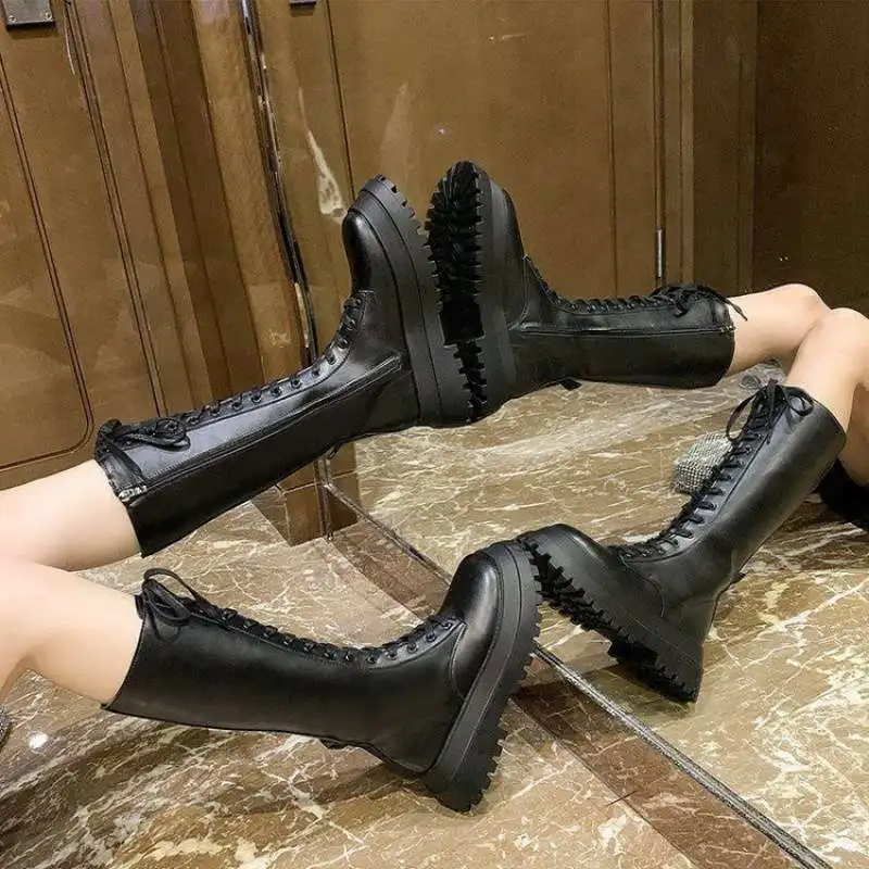 

Женские сапоги до колена на массивной платформе, из искусственной кожи, на шнуровке