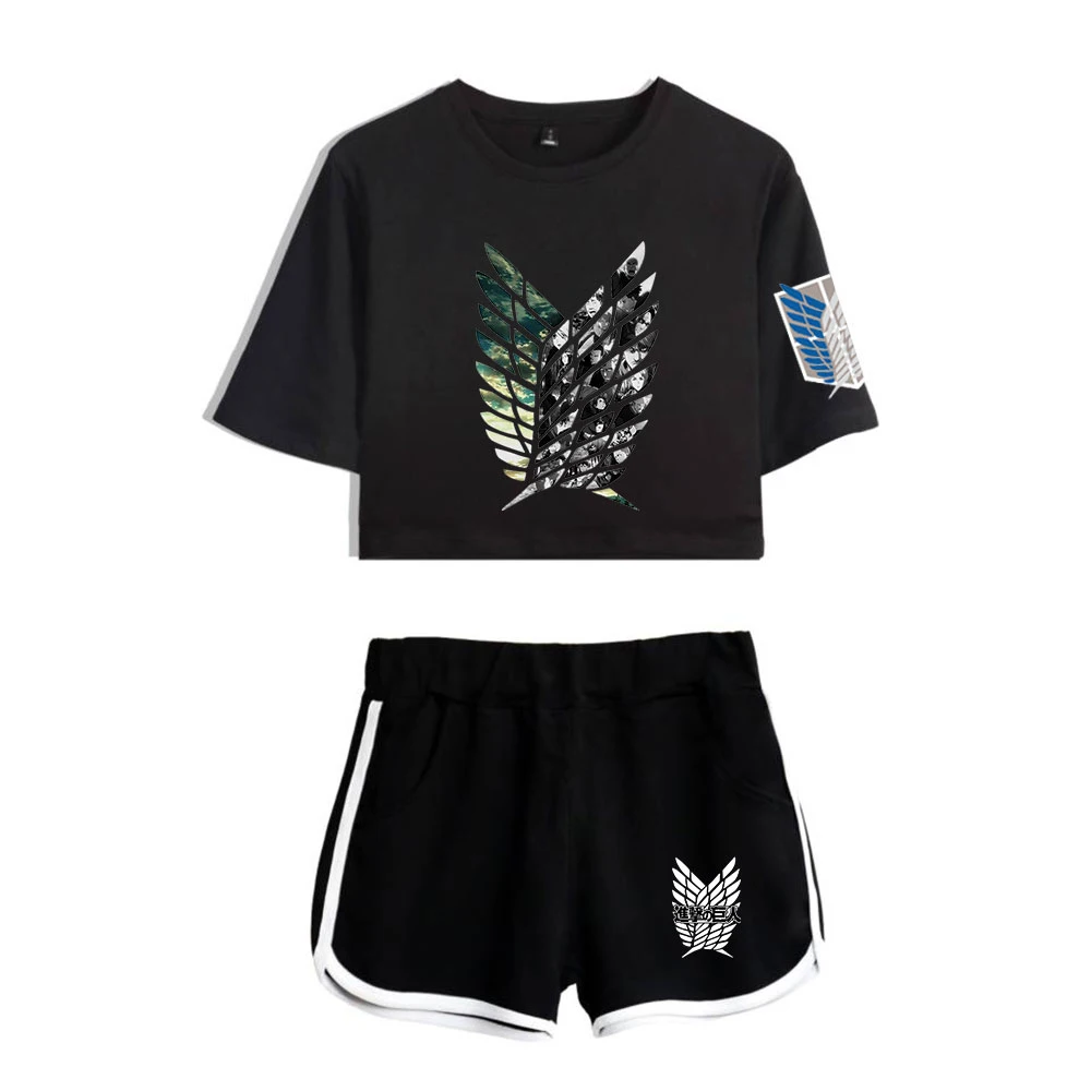 

Attack On Titan Crop Tops Shorts Two Piece Set Sport Suit Women Girls Harajuku Attack On Titan Dew navel Short T-shirt Pants