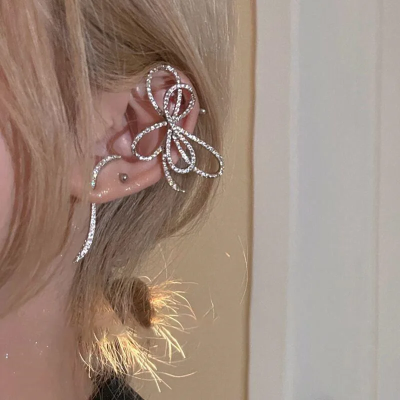 

Sweet Shiny Rhinestone Butterfly Bow Ear Bones Clip On Earrings Korean Elegant Crystal Ear Cuff Earring Bijoux Jewelry Ear Clip