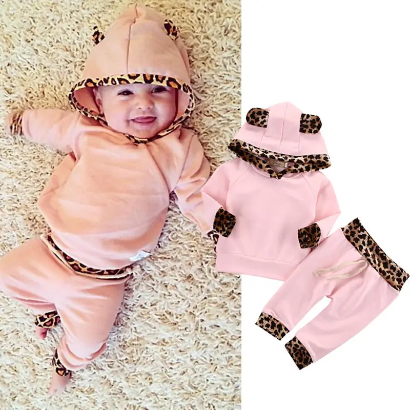 Baby Girl Clothes Girls Leopard Side Pink Coat Newborn Hoodie Top Toddler Sweatshirt Pants Leggings Infant Outfits Set