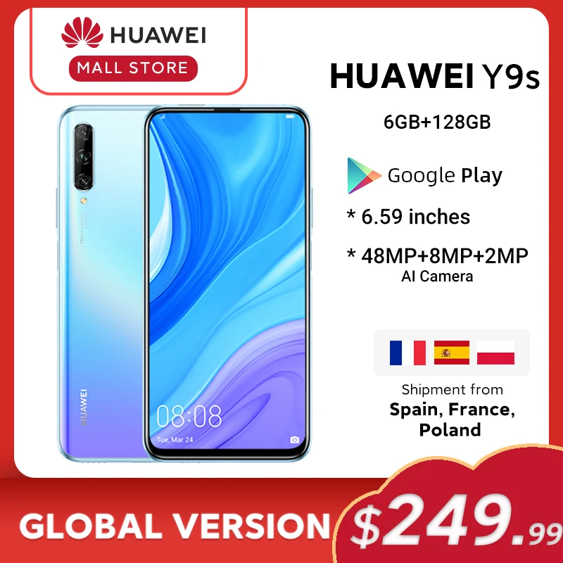 Смартфон Huawei Y9s 6GB 128GB с тремя камерами AI Triple, автоматически выдвигающейся передней камерой 48 МП и диагональю экрана 6,59 дюймов в наличии.