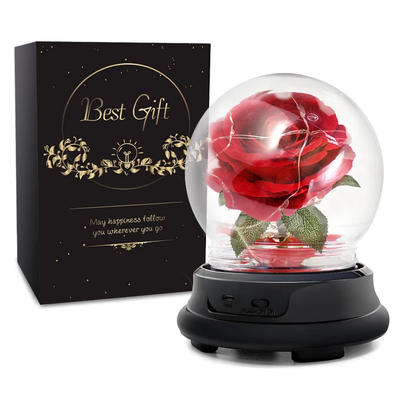 

Mother'S Day Gift Dried Flowers Eternal Real Rose Home Decor with LED In Glass Dome Rose Round Lamp Ornaments Valentine's Day