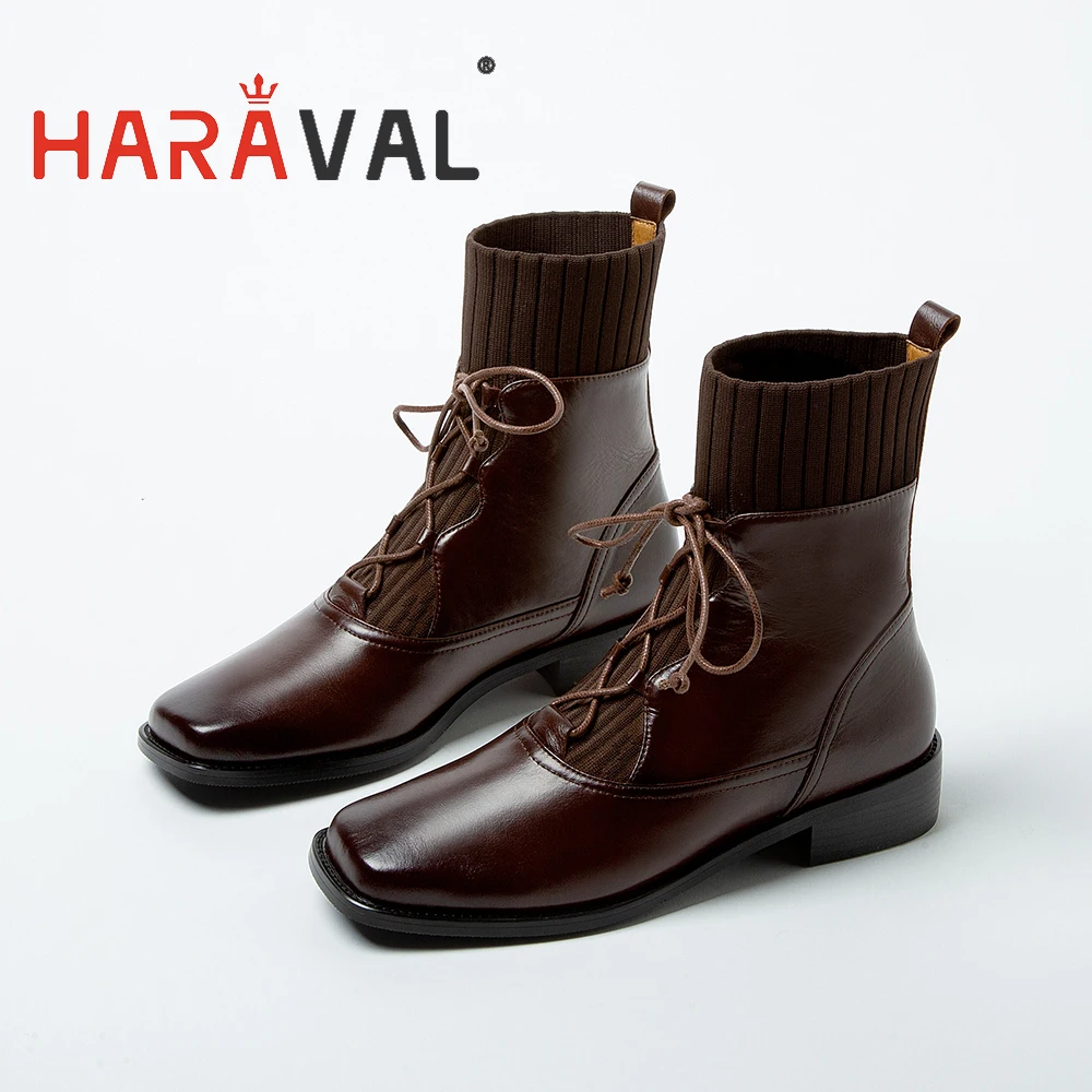 Beli Sepatu Bot Peregangan Renda Ikatan Silang Wanita HARAVAL Sepatu Kulit Coklat Hitam Ujung Persegi Gaya Inggris Sepatu Pergelangan Kaki Bussine E104L