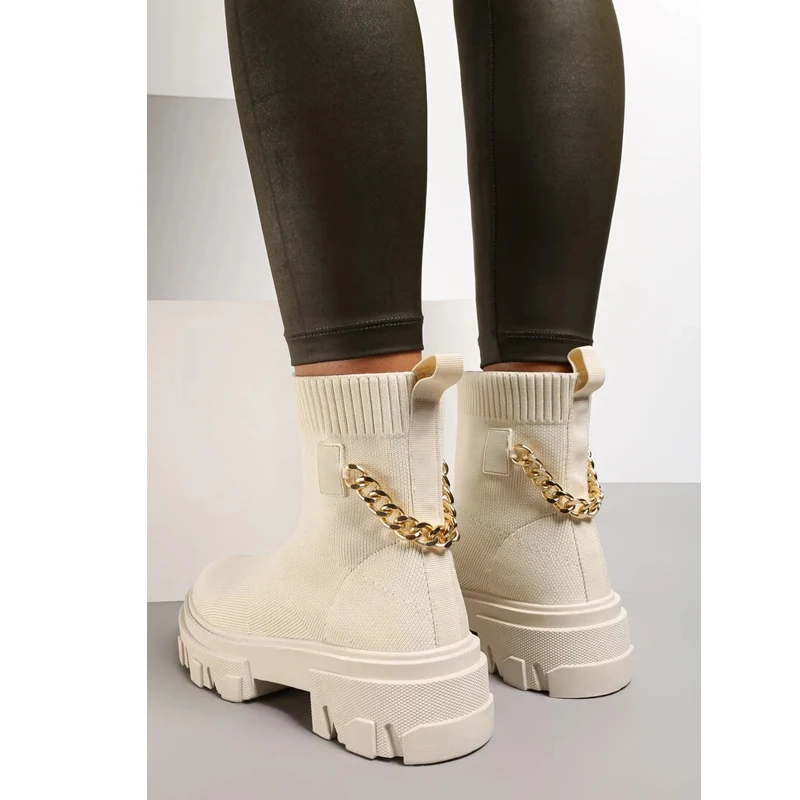 

Женские ботинки челси на платформе, Однотонные эластичные ботинки на среднем каблуке, украшенные цепочками, 2021