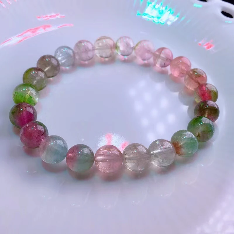 

8.8mm Genuine Natural Colorful Watermelon Tourmaline Quartz Bracelet Clear Round Beads Women Men Crystal Stretch Bangle AAAAA
