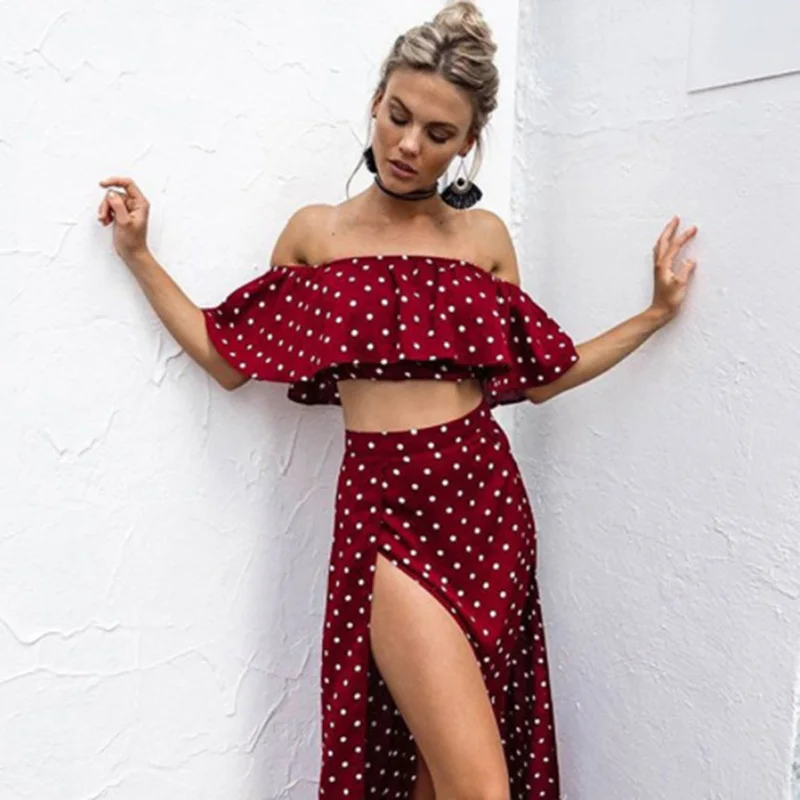 

Women Vintage Dresses Off Shoulder Red Dot Dress Summer Long Maxi Dress Chiffon Ruffle Sexy Beach Dress Vestidos