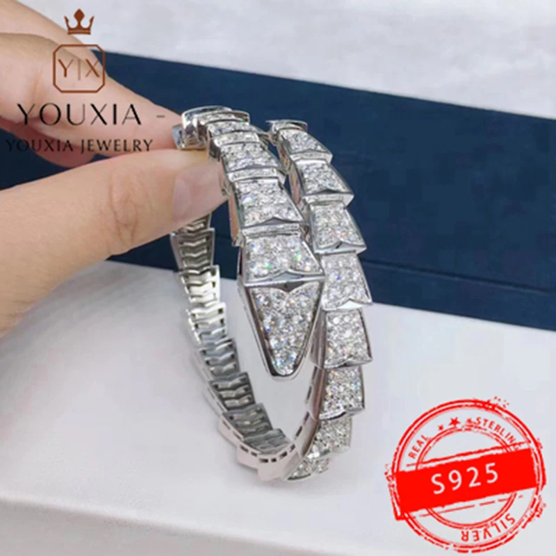 

1:1 925 Sterling Silver Custom Simple Fashion Snake-shaped Diamond Open Bracelet