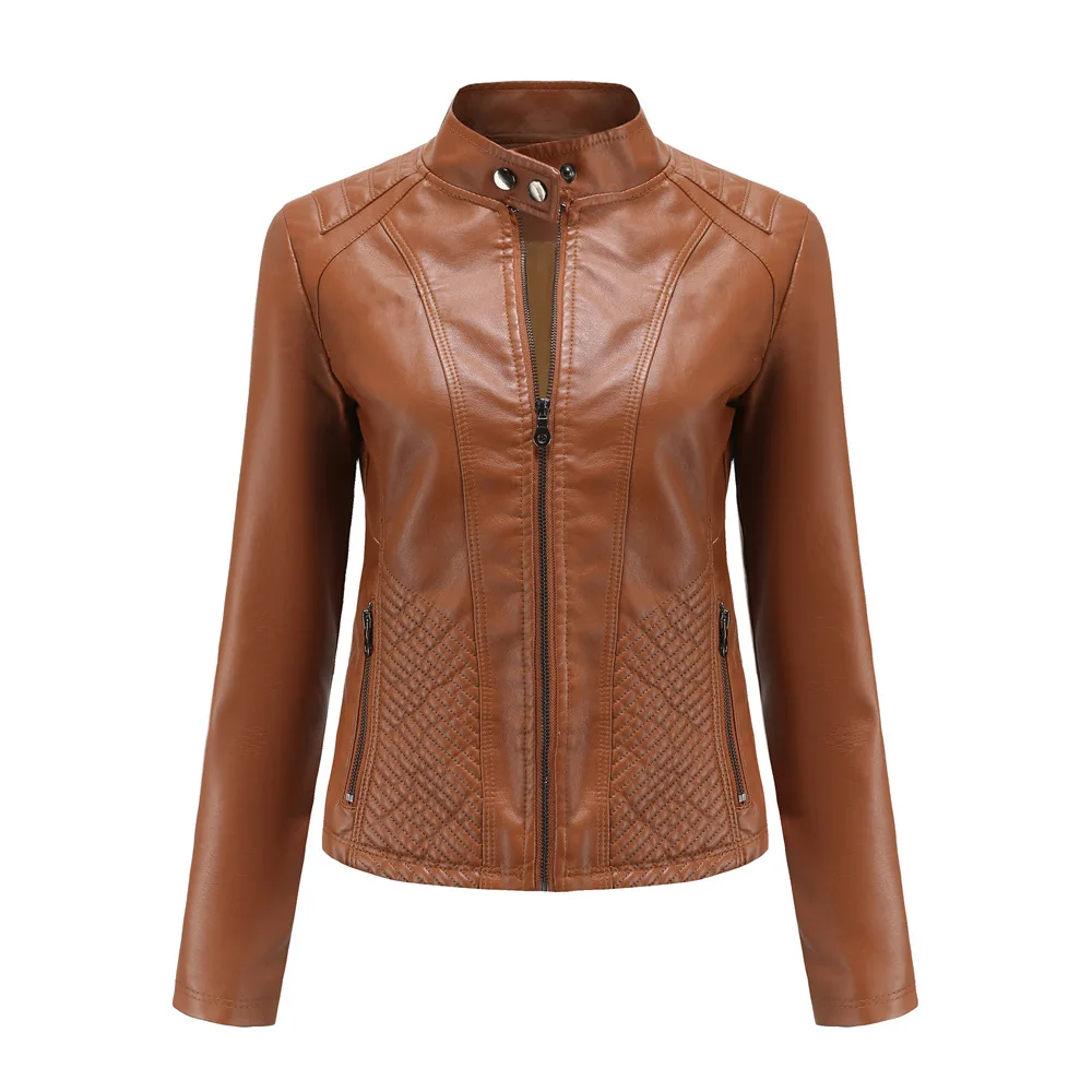 Autumn Winter Casual Leather Women's Simple Thin Coat Stand-up Collar Long-sleeve Motorcycle Jacket Women Faux Leather Jacket