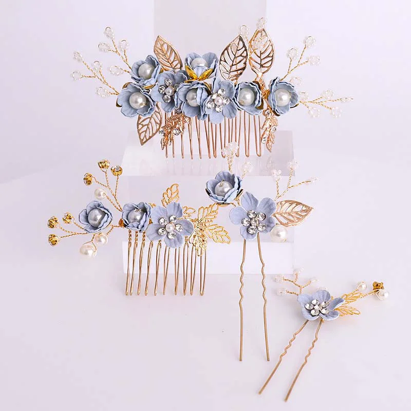 

Blue Handmade Flower Wedding Hair Comb Bridal Hair Pin Side Bobby Pin Party Decoration Hair Accessories Set LXH